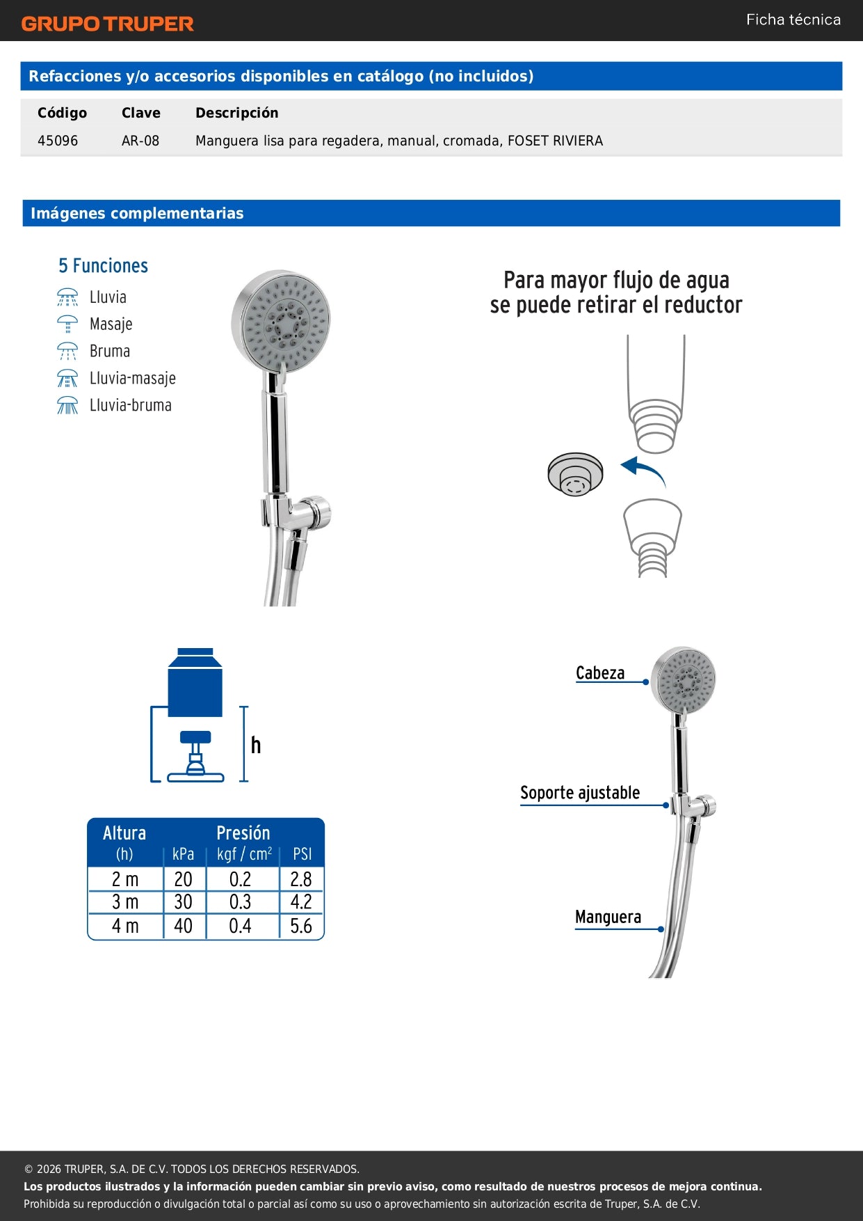 Regadera Teléfono 4 Pulgadas Cromada con Soporte FOSET ELEMENT - Regadera de Mano
