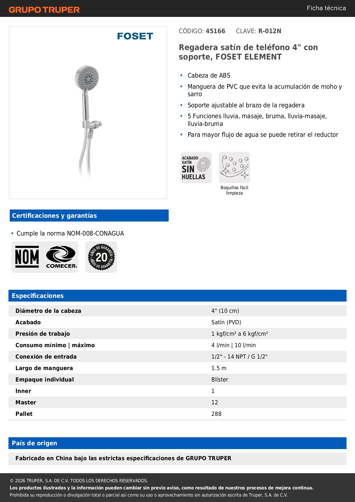 Regadera de Teléfono 4 Pulgadas Satín con Soporte FOSET ELEMENT