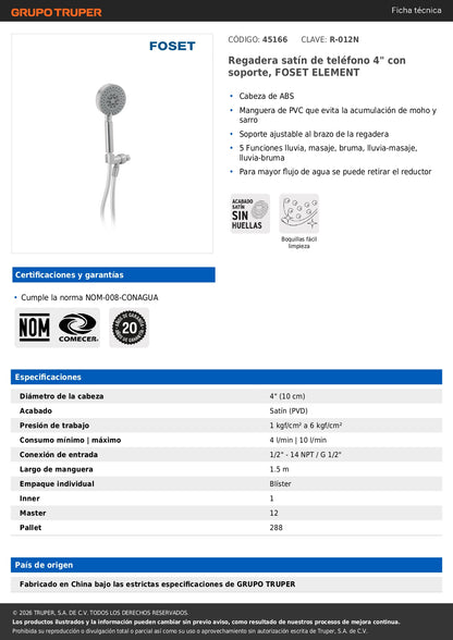 Regadera de Teléfono 4 Pulgadas Satín con Soporte FOSET ELEMENT