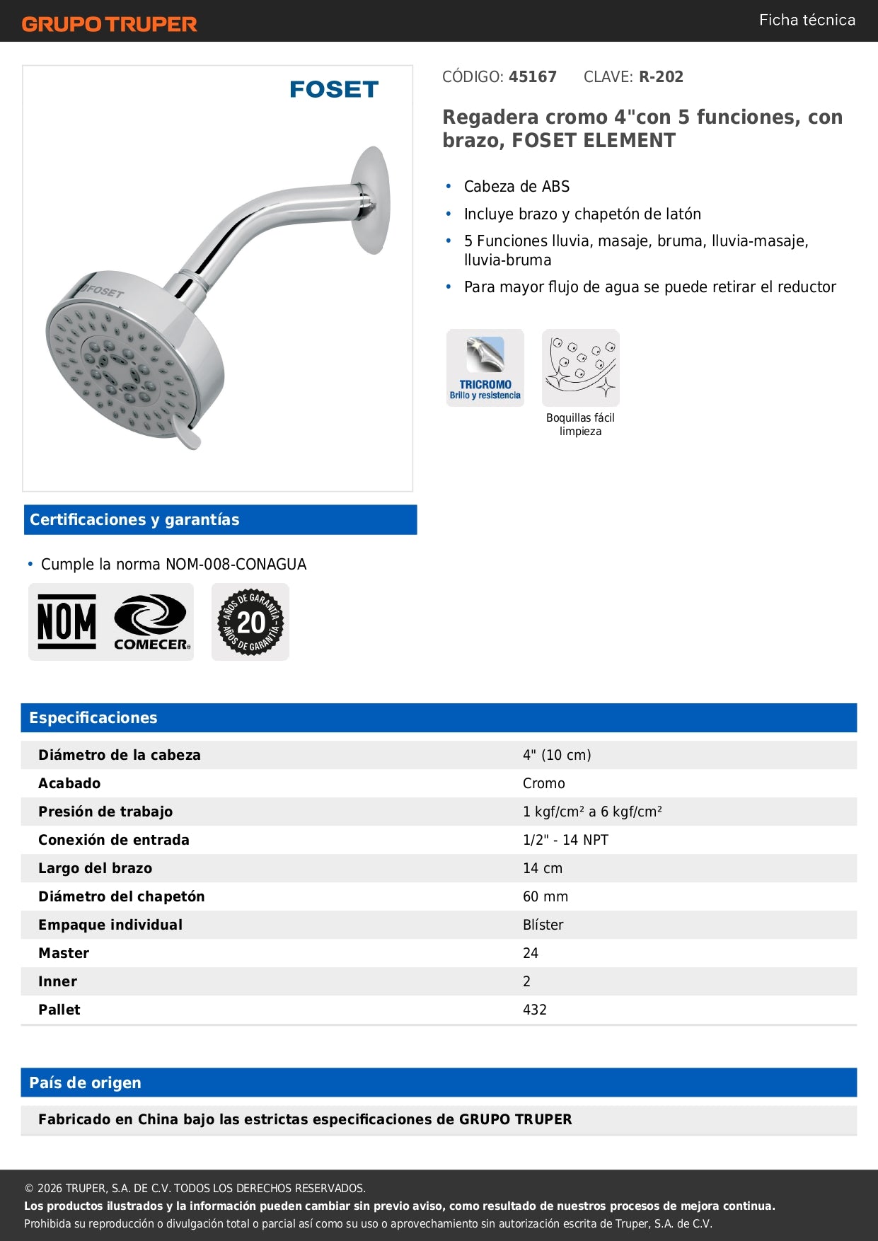 Regadera 5 Funciones con Brazo Ajustable Cromada 4" FOSET ELEMENT