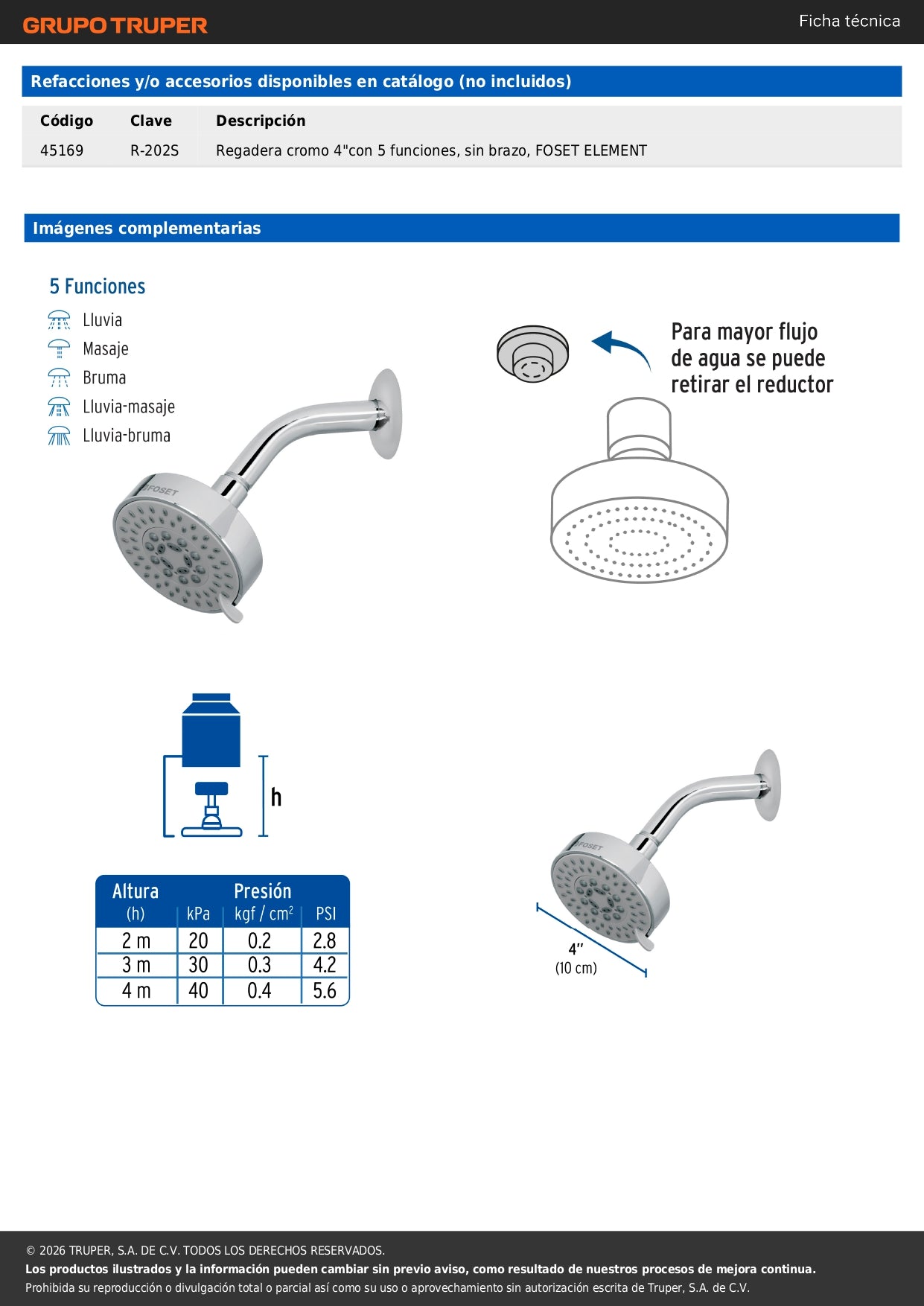 Regadera 5 Funciones con Brazo Ajustable Cromada 4" FOSET ELEMENT