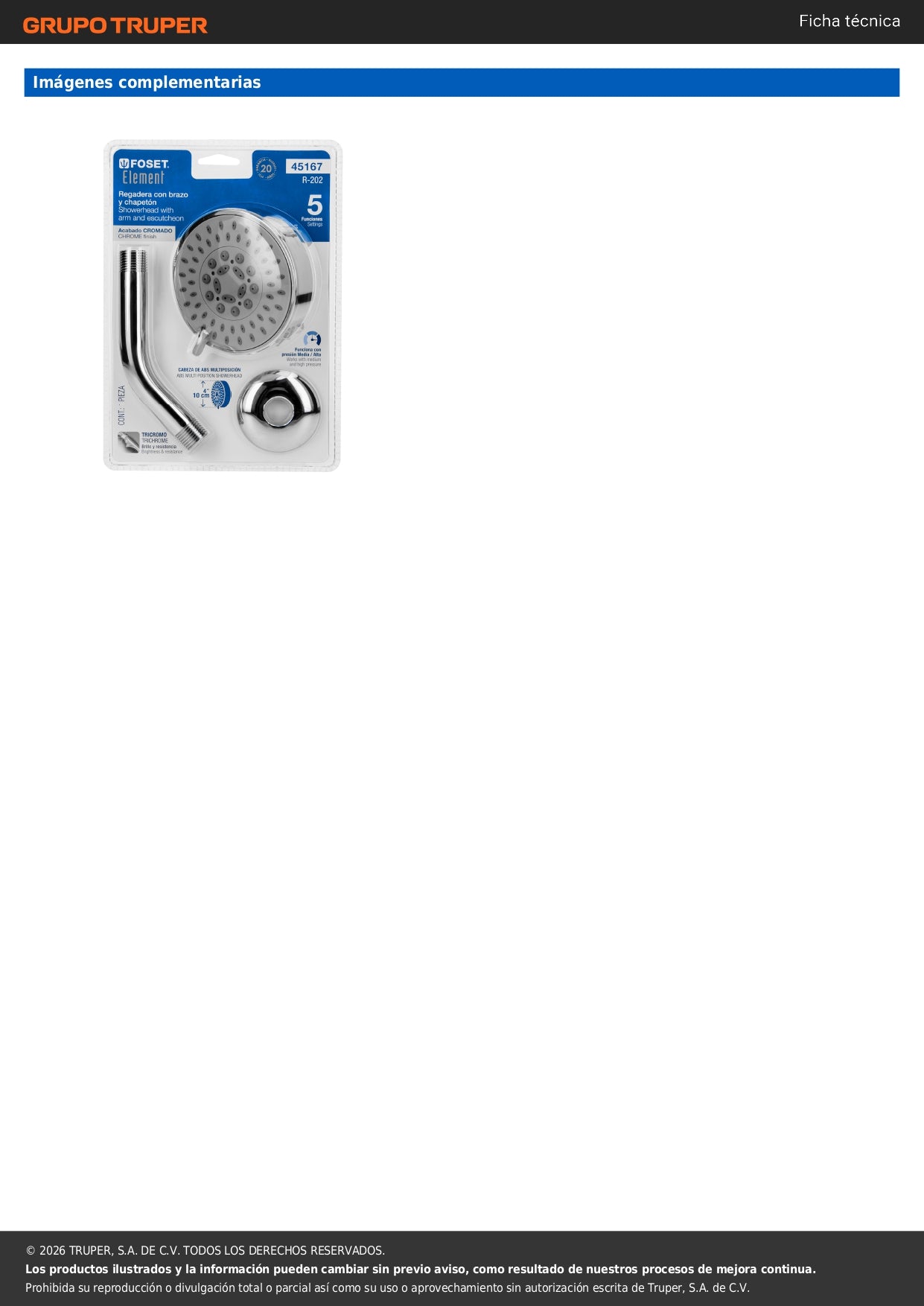 Regadera 5 Funciones con Brazo Ajustable Cromada 4" FOSET ELEMENT