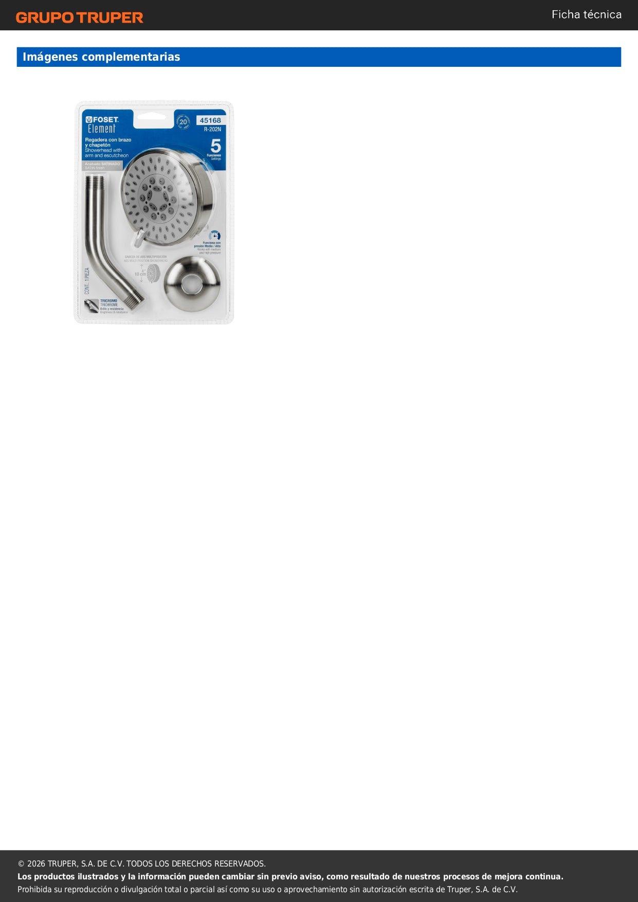 Regadera 5 Funciones con Brazo Ajustable 4" Satín FOSET ELEMENT