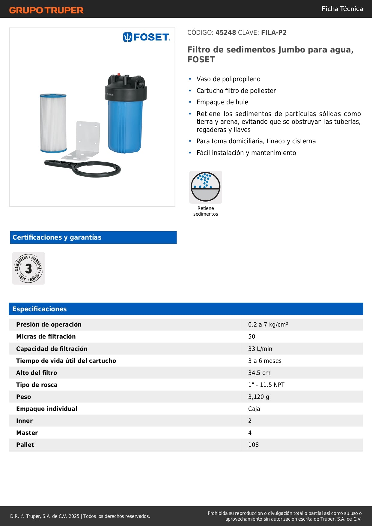 Filtro de Sedimentos Jumbo FOSET FILA-P2 - Elimina Tierra y Arena del Agua - Protege Tuberías y Llaves