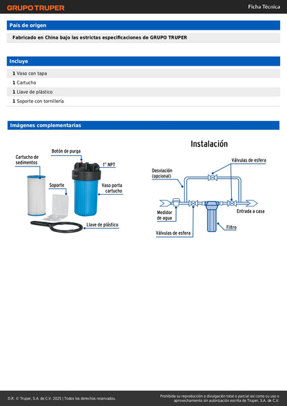 Filtro de Sedimentos Jumbo FOSET FILA-P2 - Elimina Tierra y Arena del Agua - Protege Tuberías y Llaves