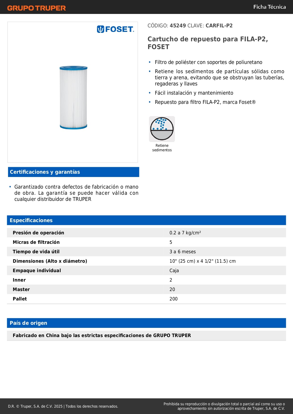 Cartucho de Repuesto CARFIL-P2 FOSET - Filtro de Poliéster Anti-Sedimentos para Tuberías - Evita Obstrucciones en Regaderas y Llaves