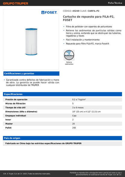 Cartucho de Repuesto CARFIL-P2 FOSET - Filtro de Poliéster Anti-Sedimentos para Tuberías - Evita Obstrucciones en Regaderas y Llaves