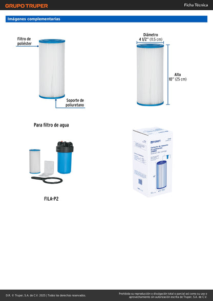 Cartucho de Repuesto CARFIL-P2 FOSET - Filtro de Poliéster Anti-Sedimentos para Tuberías - Evita Obstrucciones en Regaderas y Llaves