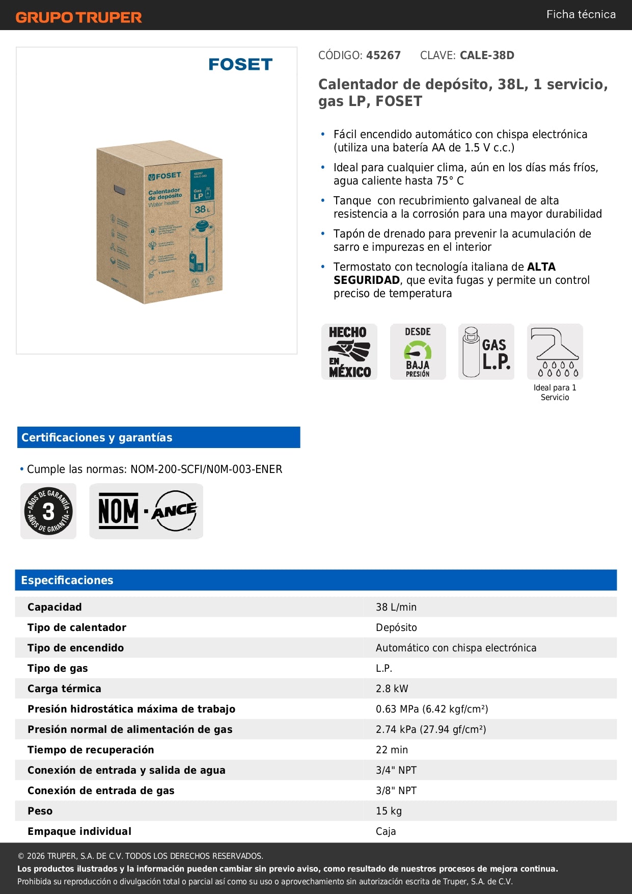Calentador de depósito, 38L, 1 servicio, gas LP, FOSET