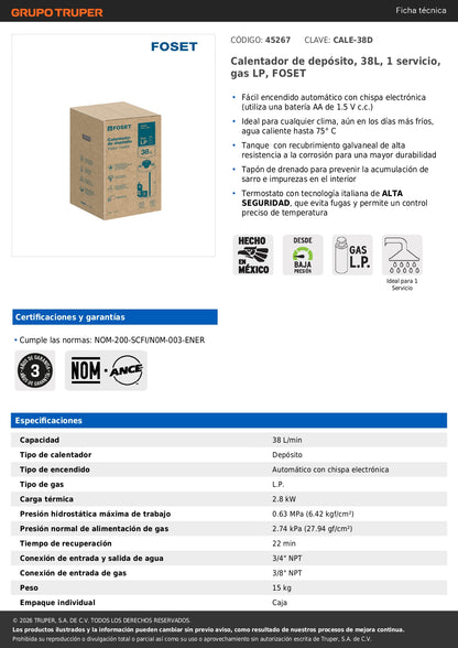 Calentador de depósito, 38L, 1 servicio, gas LP, FOSET