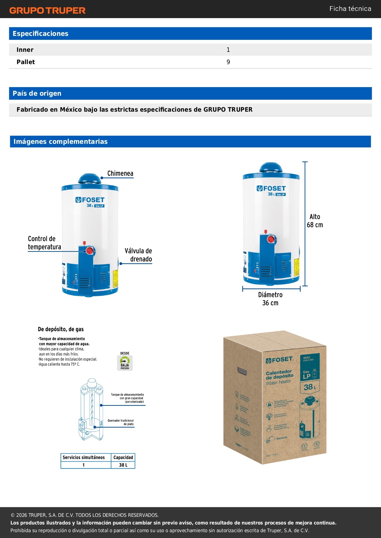 Calentador de depósito, 38L, 1 servicio, gas LP, FOSET