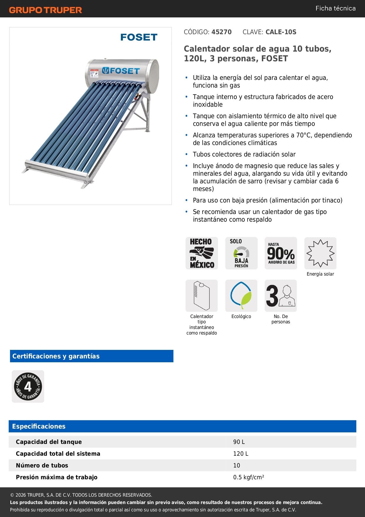 Calentador solar de agua 10 tubos, 120L, 3 personas, FOSET