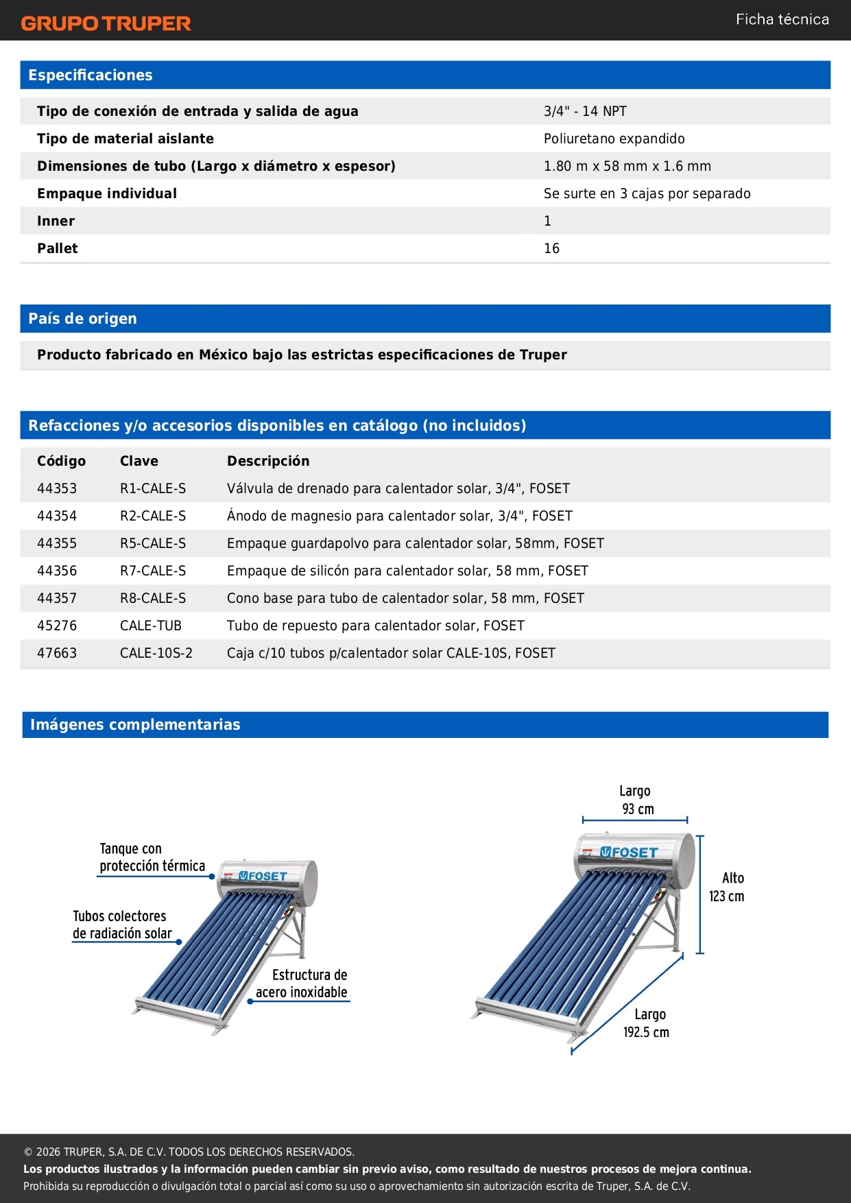 Calentador solar de agua 10 tubos, 120L, 3 personas, FOSET