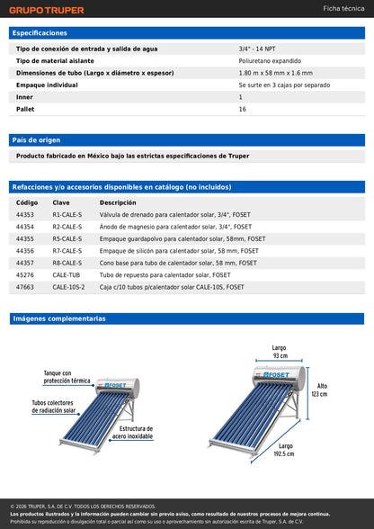 Calentador solar de agua 10 tubos, 120L, 3 personas, FOSET