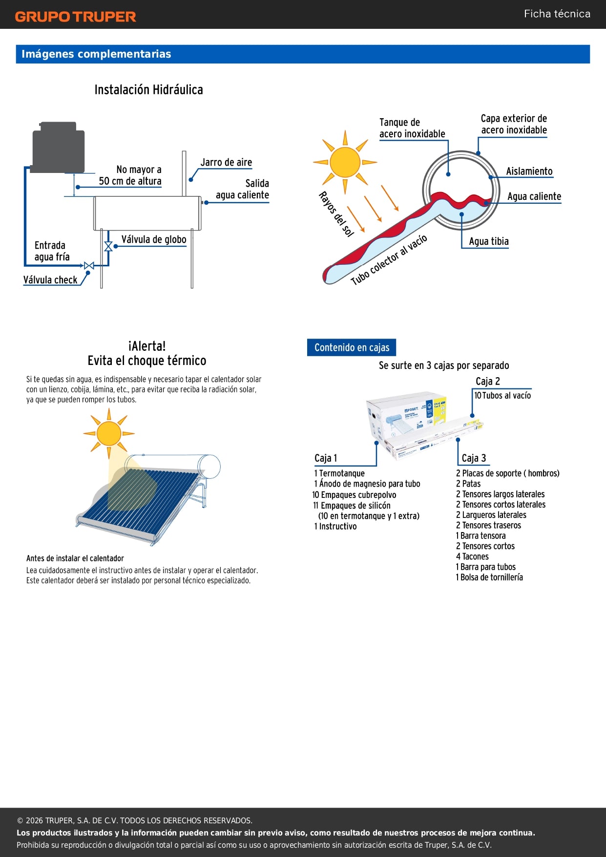 Calentador solar de agua 10 tubos, 120L, 3 personas, FOSET