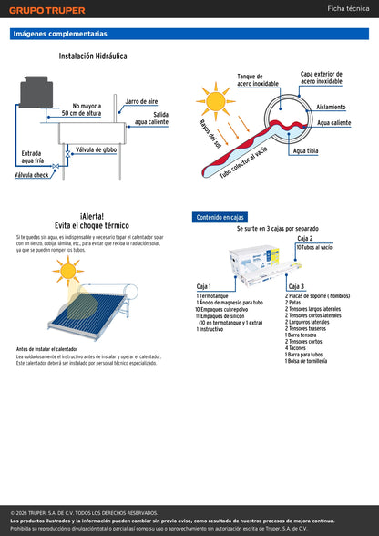 Calentador solar de agua 10 tubos, 120L, 3 personas, FOSET
