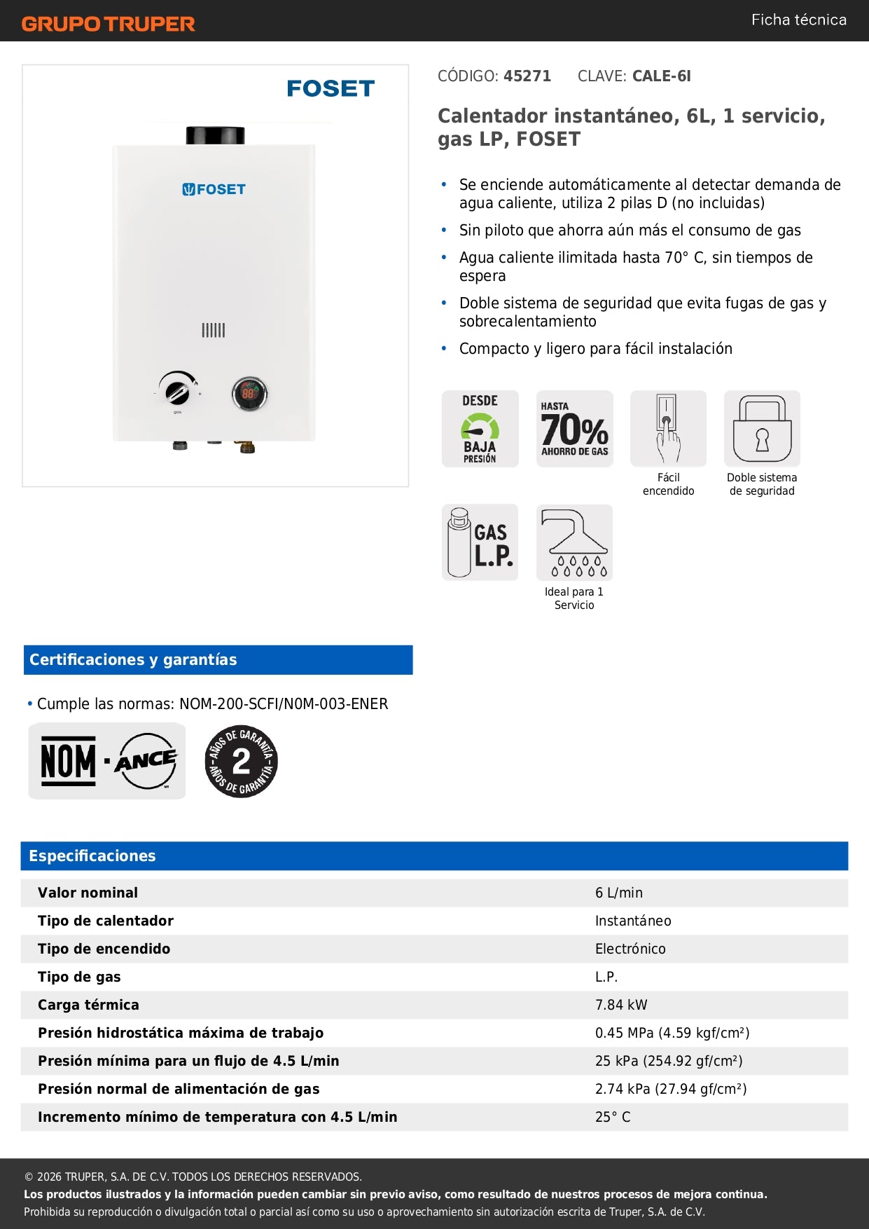 Calentador instantáneo, 6L, 1 servicio, gas LP, FOSET