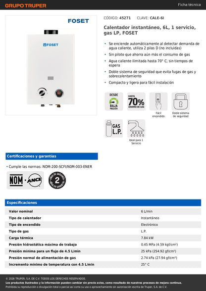 Calentador instantáneo, 6L, 1 servicio, gas LP, FOSET