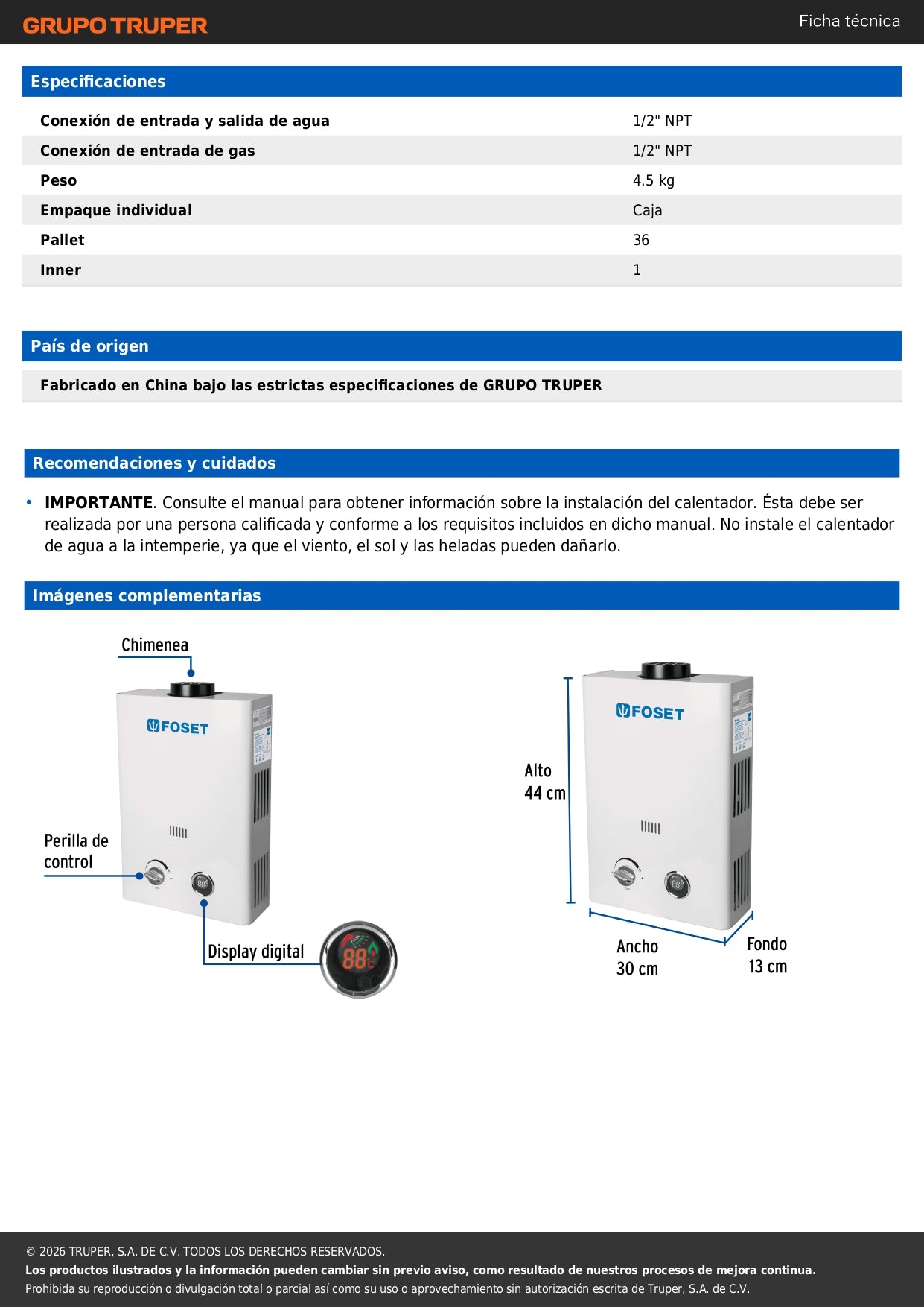 Calentador instantáneo, 6L, 1 servicio, gas LP, FOSET