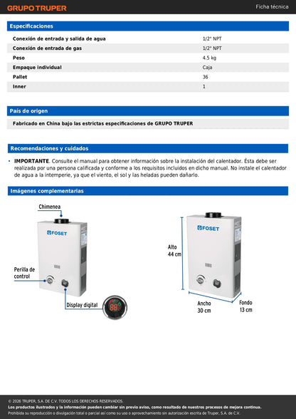 Calentador instantáneo, 6L, 1 servicio, gas LP, FOSET