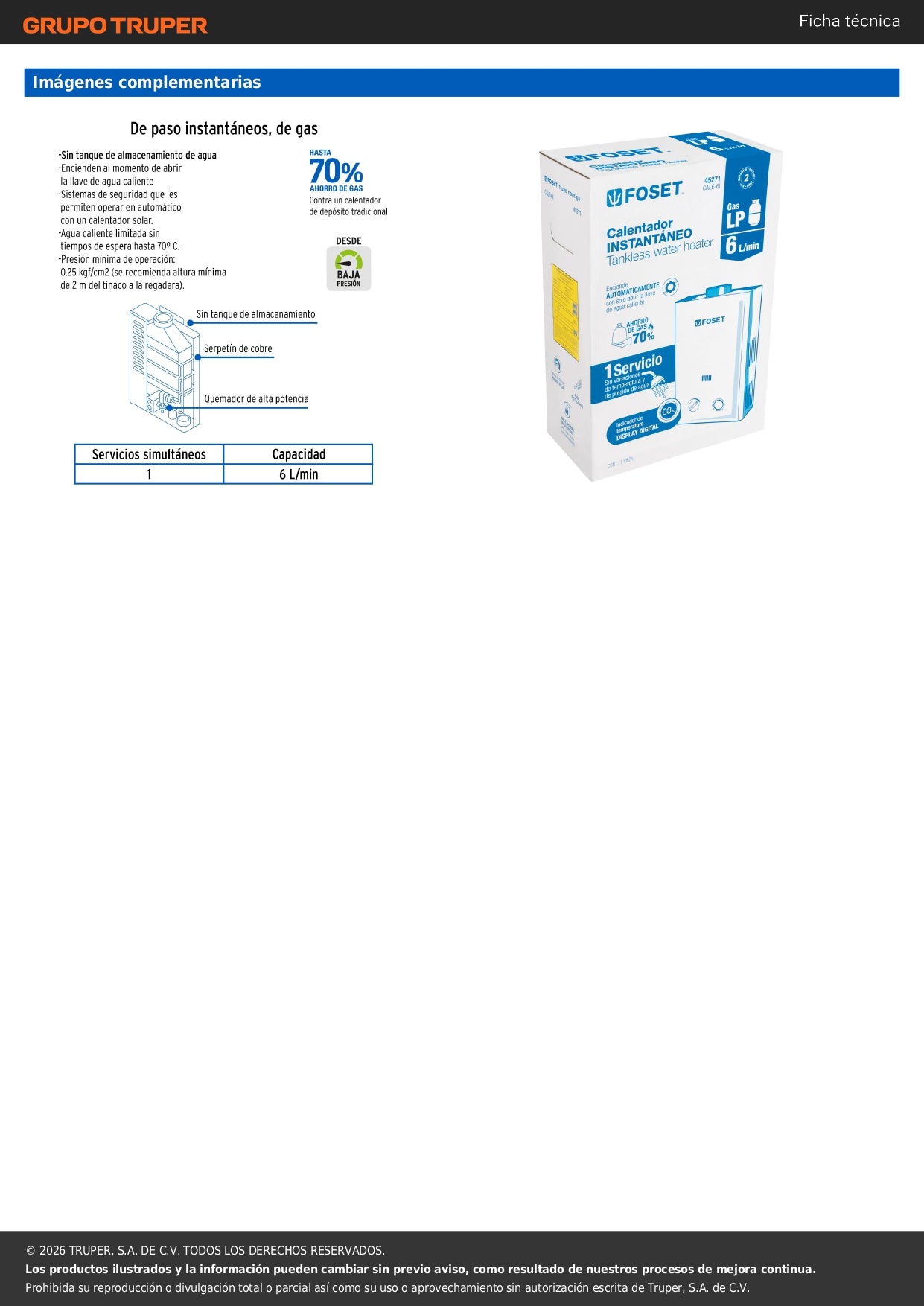 Calentador instantáneo, 6L, 1 servicio, gas LP, FOSET
