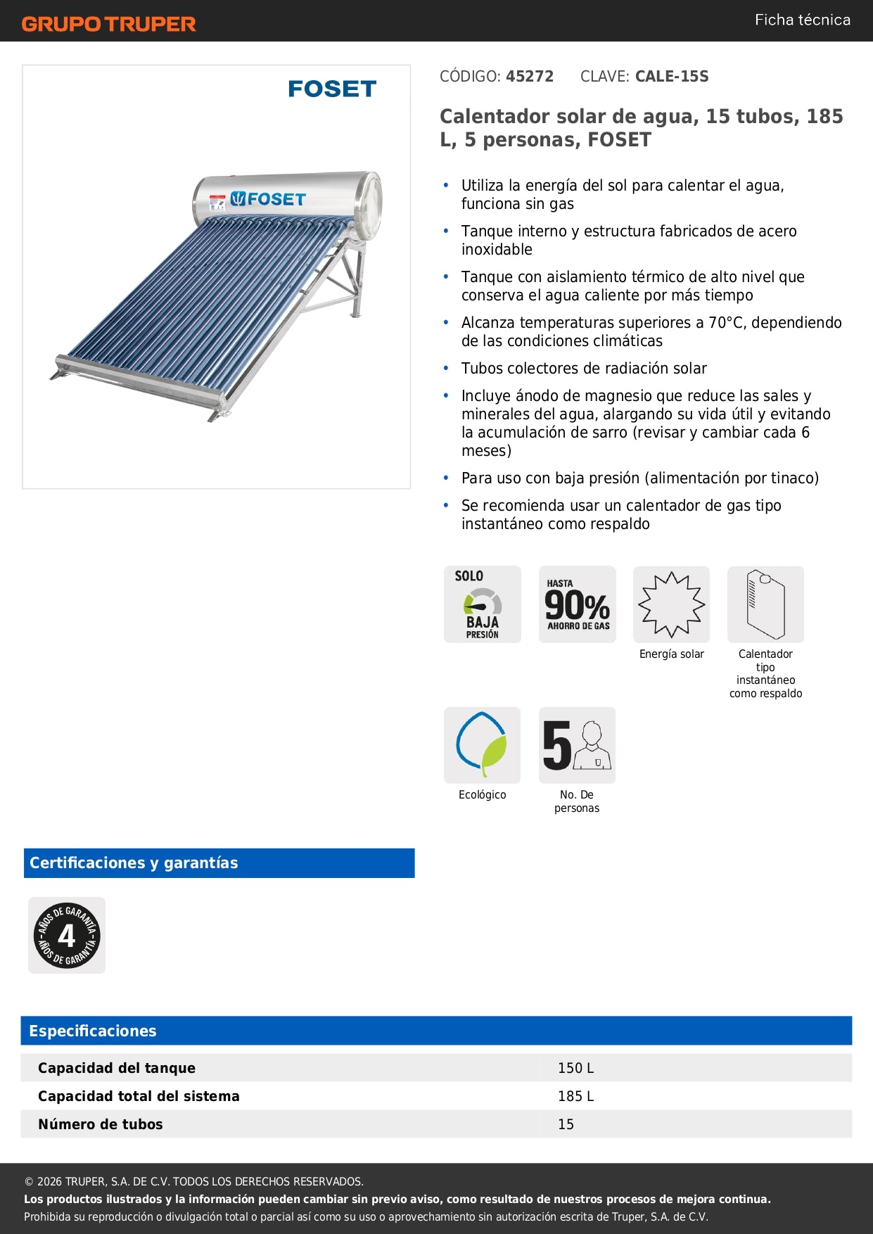 Calentador solar de agua, 15 tubos, 185 L, 5 personas, FOSET