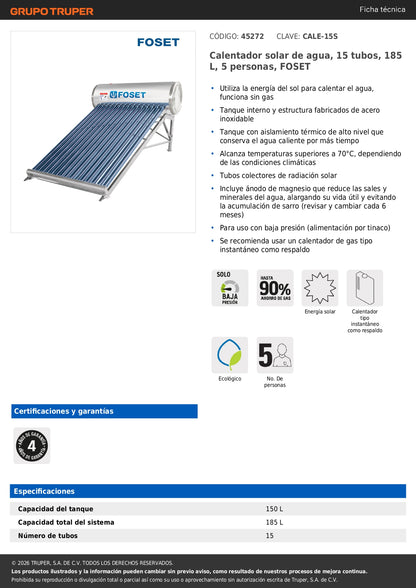 Calentador solar de agua, 15 tubos, 185 L, 5 personas, FOSET