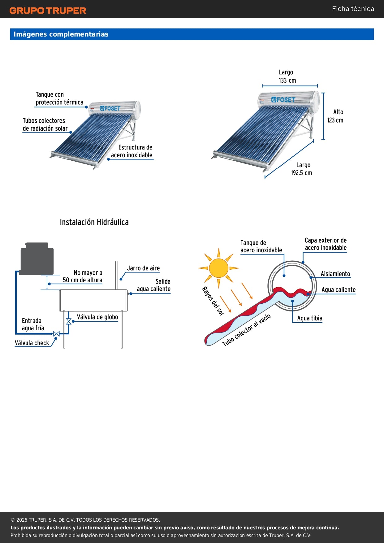 Calentador solar de agua, 15 tubos, 185 L, 5 personas, FOSET