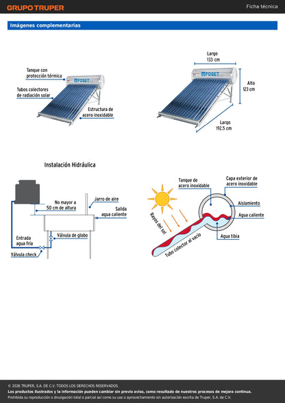 Calentador solar de agua, 15 tubos, 185 L, 5 personas, FOSET