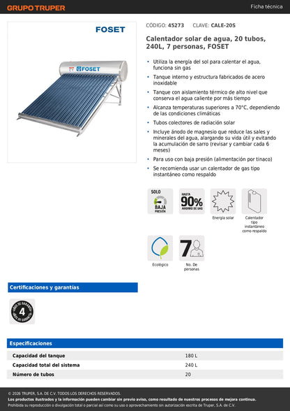 Calentador solar de agua, 20 tubos, 240L, 7 personas, FOSET