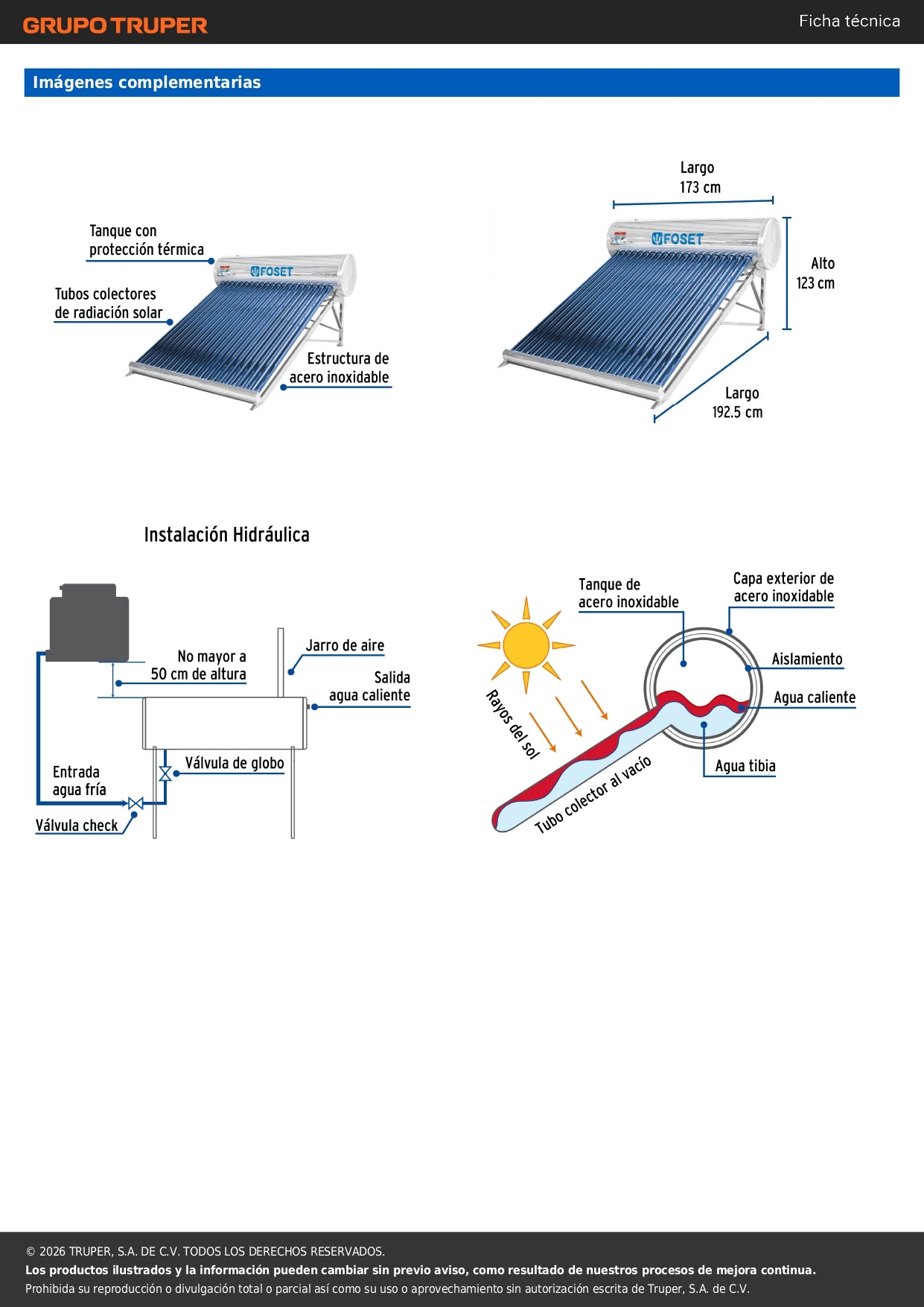 Calentador solar de agua, 20 tubos, 240L, 7 personas, FOSET