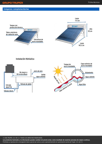 Calentador solar de agua, 20 tubos, 240L, 7 personas, FOSET