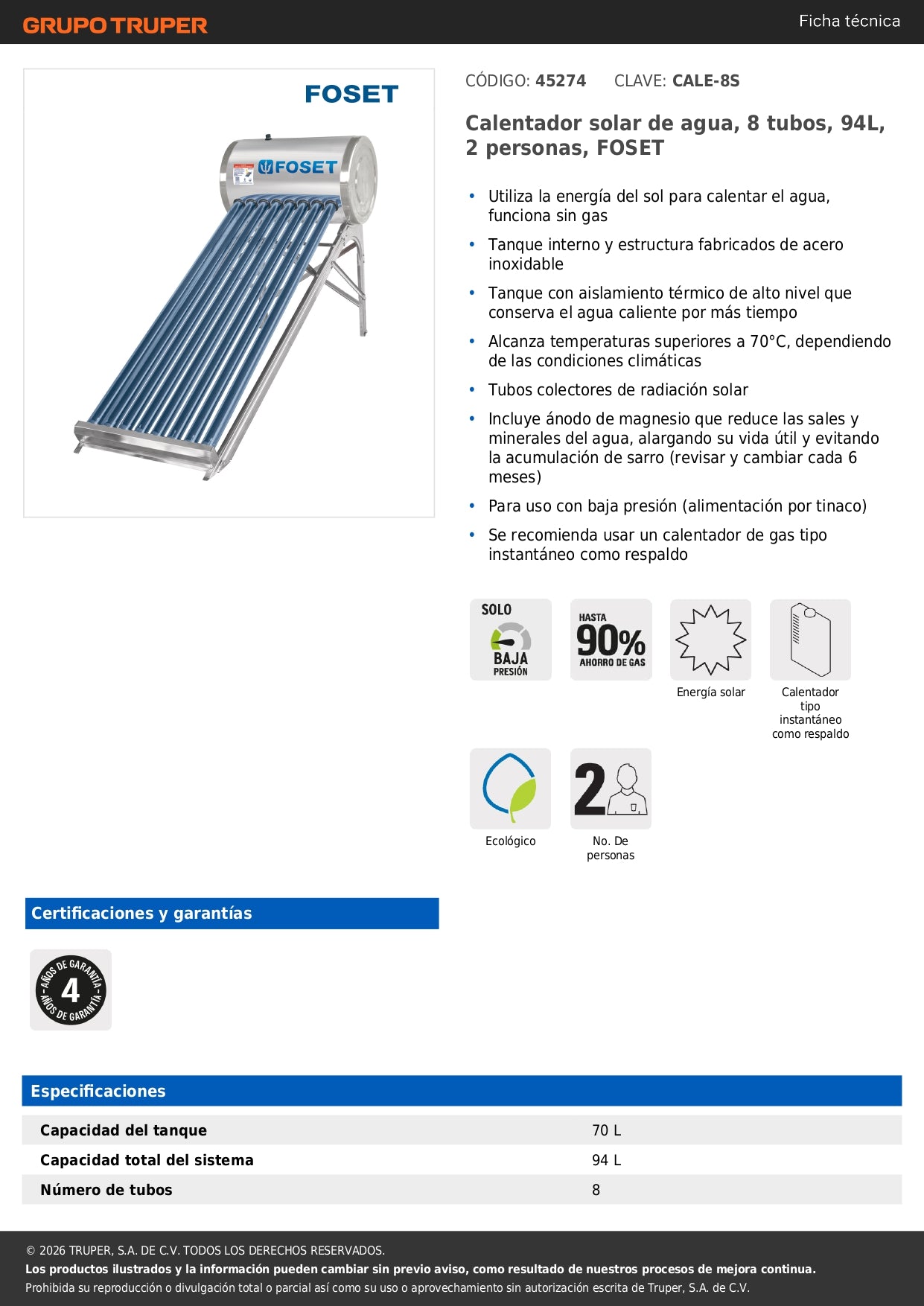 Calentador solar de agua, 8 tubos, 94L, 2 personas, FOSET