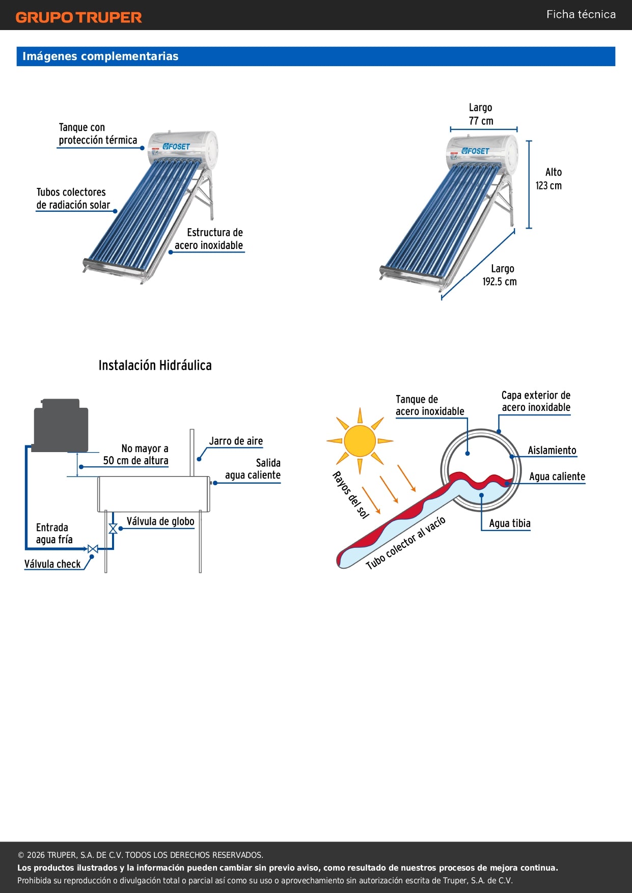 Calentador solar de agua, 8 tubos, 94L, 2 personas, FOSET