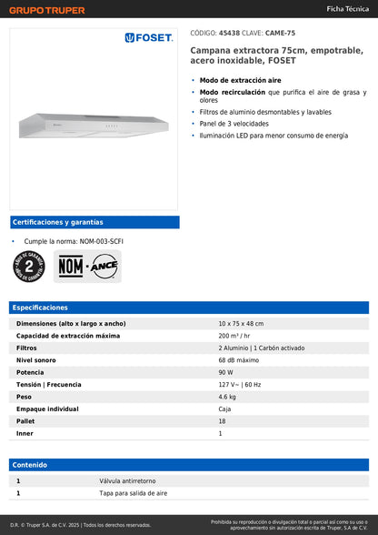 Campana Extractora Empotrable 75cm FOSET Acero Inoxidable - 3 Velocidades LED Filtros Lavables