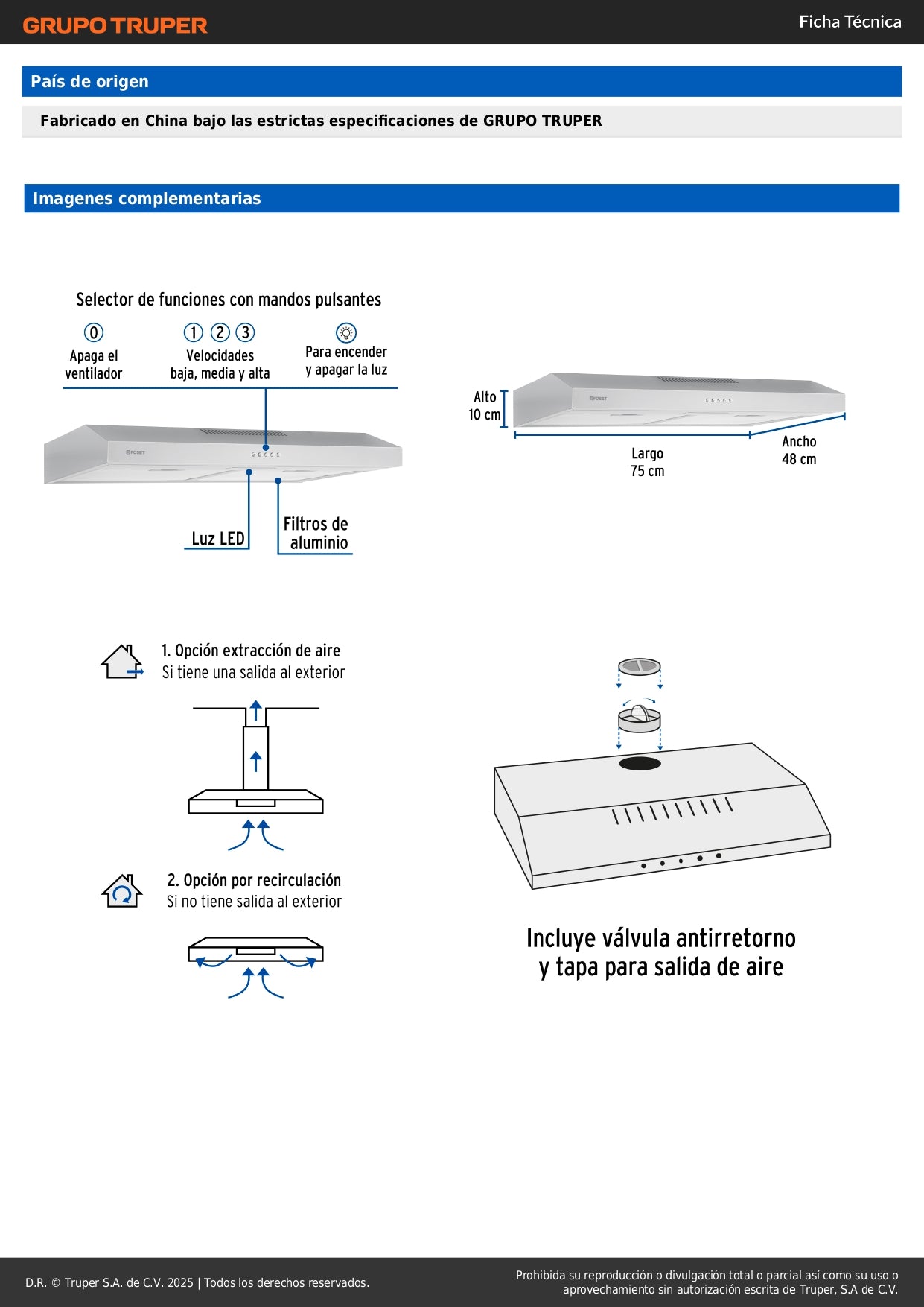Campana Extractora Empotrable 75cm FOSET Acero Inoxidable - 3 Velocidades LED Filtros Lavables