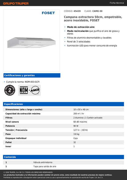 Campana Extractora Empotrable 50cm Acero Inoxidable FOSET - Cocina
