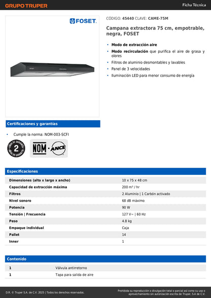 Campana Extractora Empotrable 75cm FOSET Negra - 3 Velocidades LED Filtros Lavables