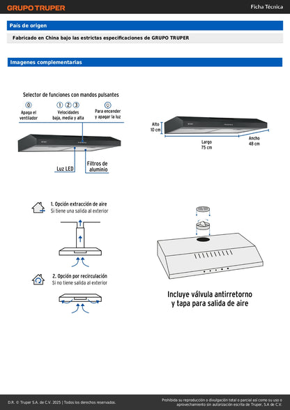 Campana Extractora Empotrable 75cm FOSET Negra - 3 Velocidades LED Filtros Lavables