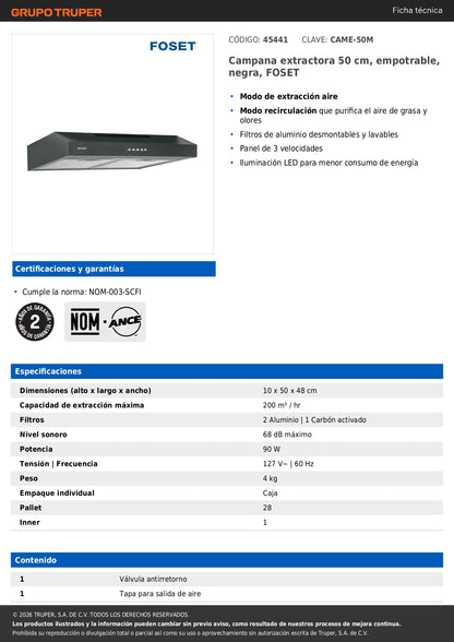 Campana Extractora Empotrable 50cm Negra FOSET - Cocina Profesional