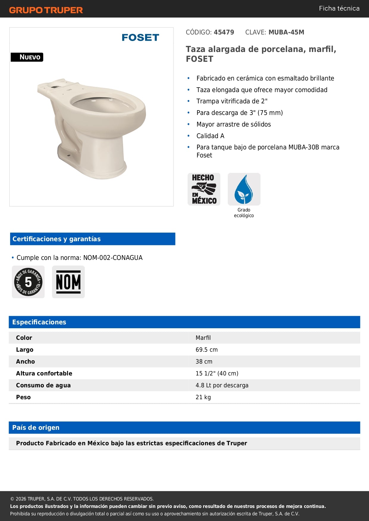 Taza Alargada de Porcelana Marfil FOSET - Sanitarios y Baño