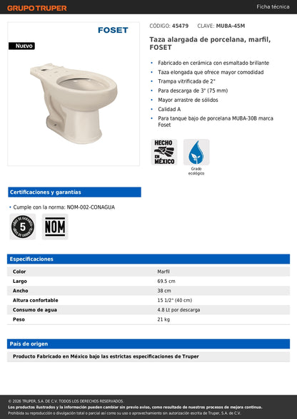 Taza Alargada de Porcelana Marfil FOSET - Sanitarios y Baño