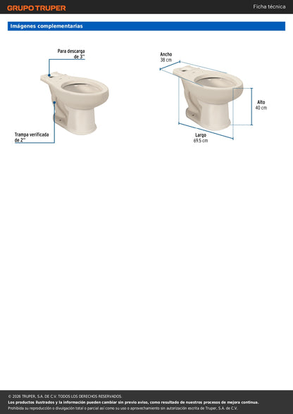 Taza Alargada de Porcelana Marfil FOSET - Sanitarios y Baño