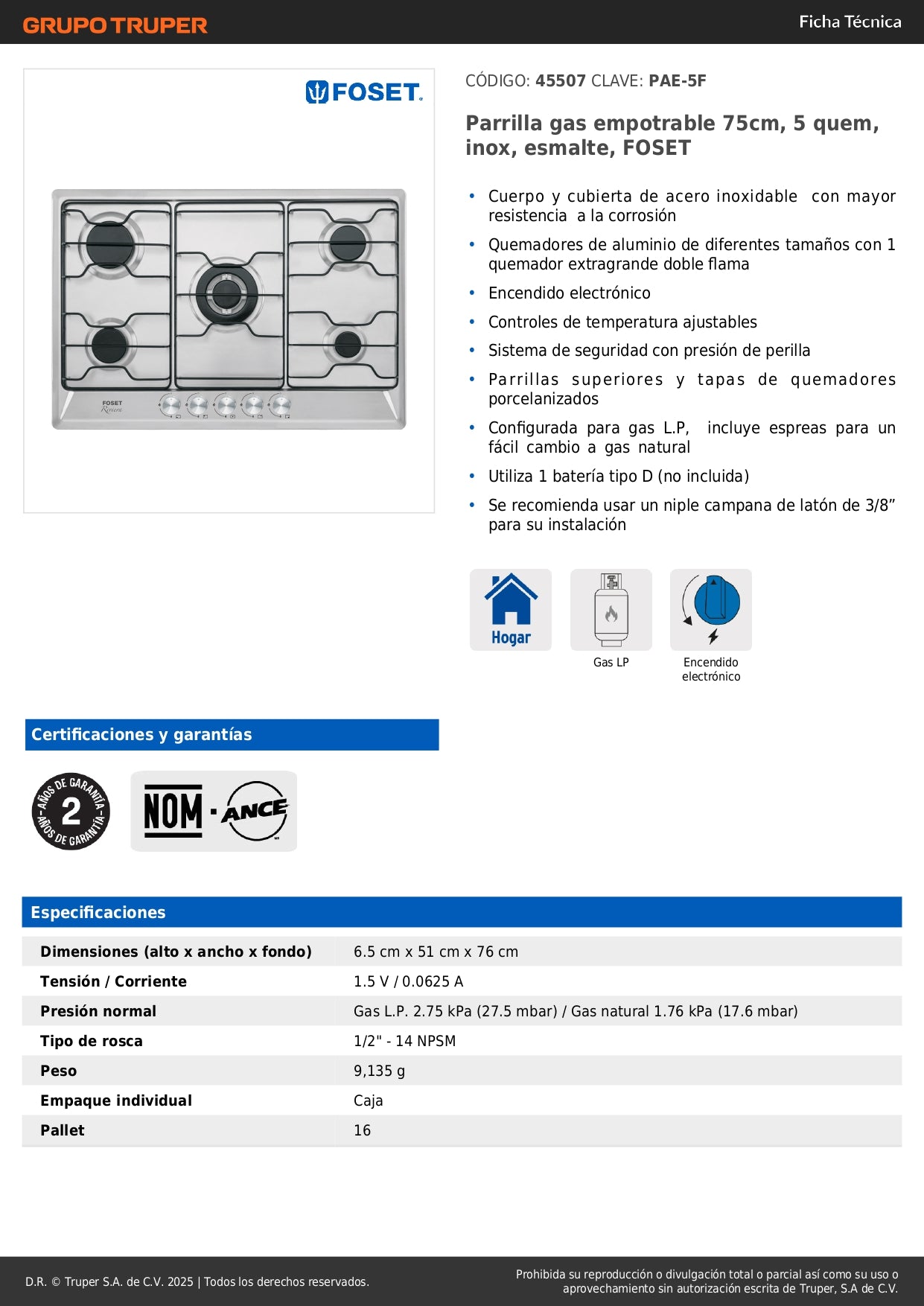 Parrilla Gas Empotrable 75cm FOSET - 5 Quemadores Acero Inoxidable con Quemador Doble Flama"