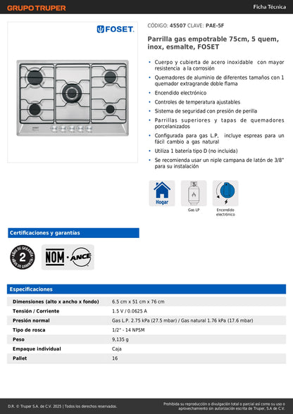 Parrilla Gas Empotrable 75cm FOSET - 5 Quemadores Acero Inoxidable con Quemador Doble Flama"