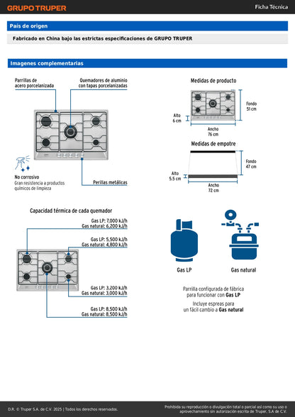 Parrilla Gas Empotrable 75cm FOSET - 5 Quemadores Acero Inoxidable con Quemador Doble Flama"