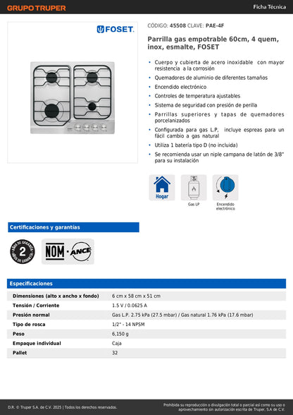 Parrilla Gas Empotrable 60cm FOSET - 4 Quemadores Acero Inoxidable con Encendido Electrónico