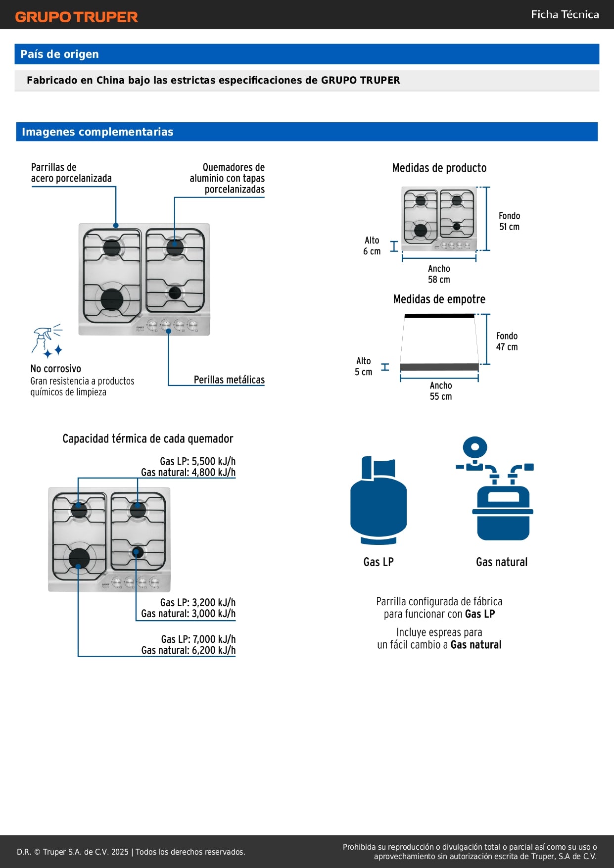 Parrilla Gas Empotrable 60cm FOSET - 4 Quemadores Acero Inoxidable con Encendido Electrónico