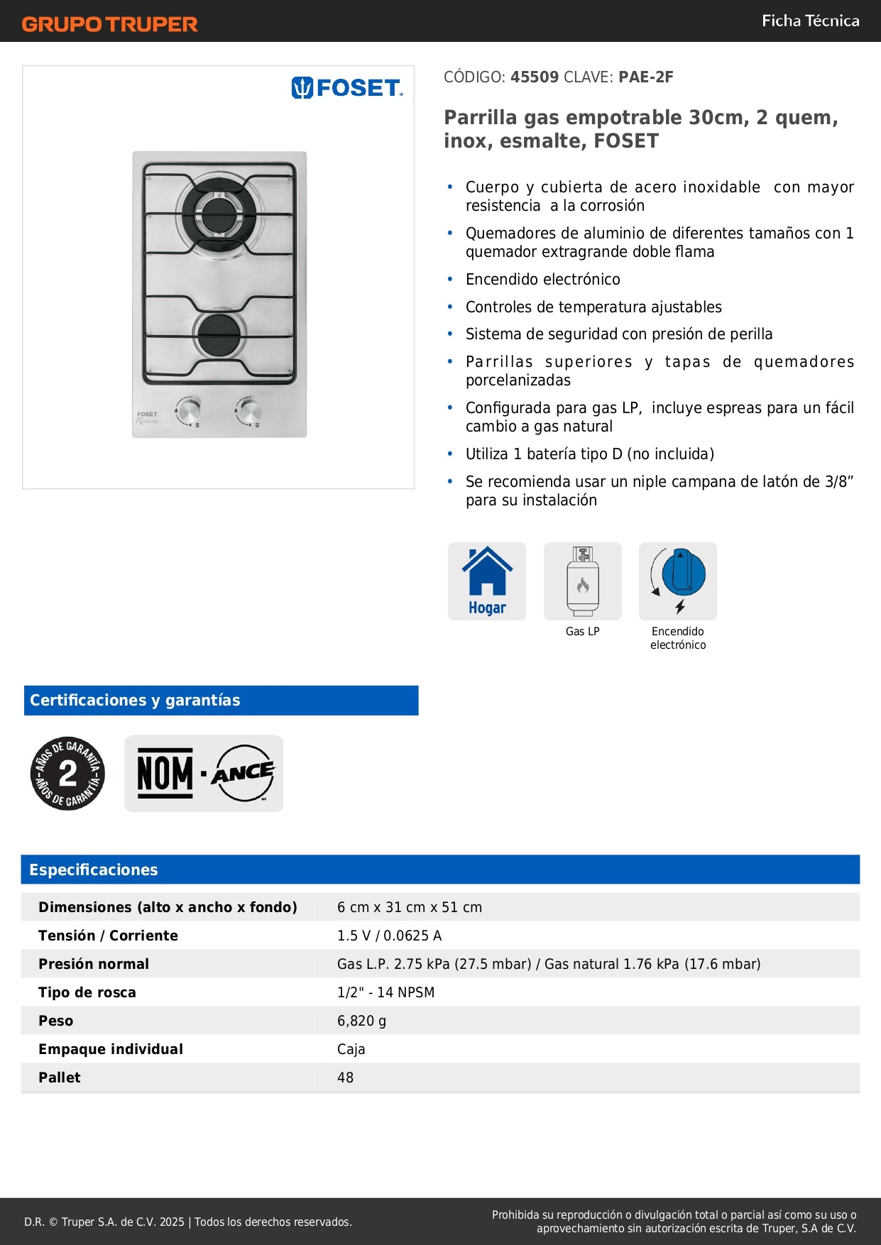 Parrilla Gas Empotrable 30cm FOSET - 2 Quemadores Acero Inoxidable con Encendido Electrónico