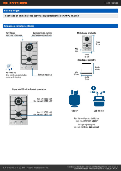 Parrilla Gas Empotrable 30cm FOSET - 2 Quemadores Acero Inoxidable con Encendido Electrónico